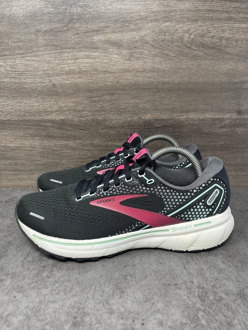 Brooks Ghost 14 Size 9.5 Womens Black Pink Mint DNA LOFT Road Running Shoes B